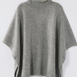 J. Jill S-L NWT $99 Dark Grey Heather Sequin Sweater Knit Poncho Ribbed Neckline